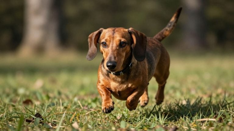 Dackel läuft aufmerksam im Freien, während er an einem Rückruftraining teilnimmt, um trotz Jagdtrieb zuverlässig auf Kommandos zu reagieren.