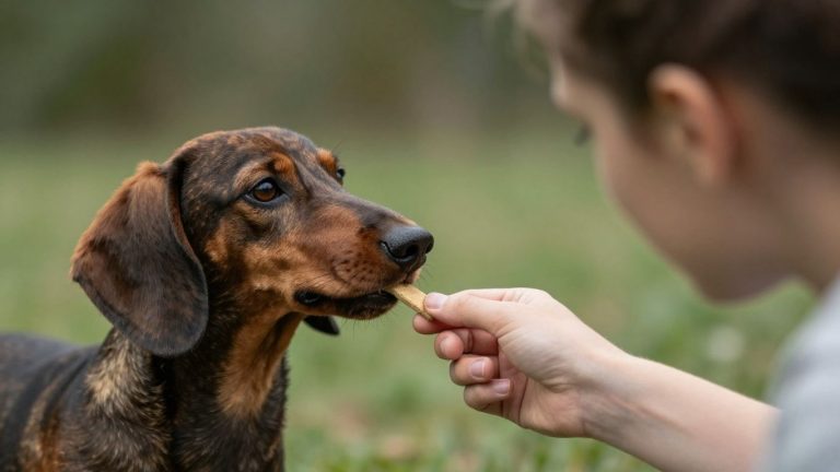 Dog receiving a treat during training to address leash pulling issues in Dackels.