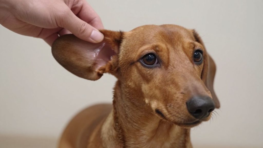 Close-up of a person cleaning a Dachshund's ear, demonstrating proper ear hygiene for dogs.