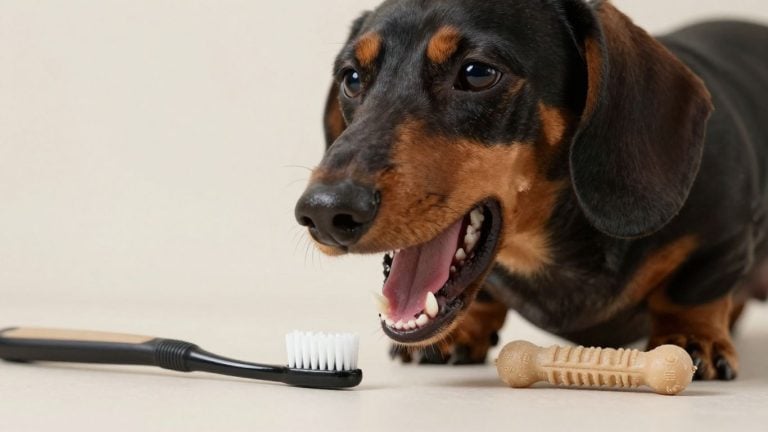Dackel dog with toothbrush and chew bone, demonstrating dental hygiene and oral care for dogs to prevent tartar buildup and promote healthy teeth.