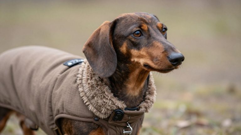 Dackel trägt einen warmen Wintermantel mit Fellkragen, ideal für kalte Tage. Perfekte Kleidung für Dackel, um bei winterlichem Wetter warm und geschützt zu bleiben.